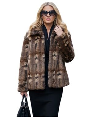 Beta’s Choice Luxe Faux Fur Coat Brown Gray Multicolor Vintage Glam - Large